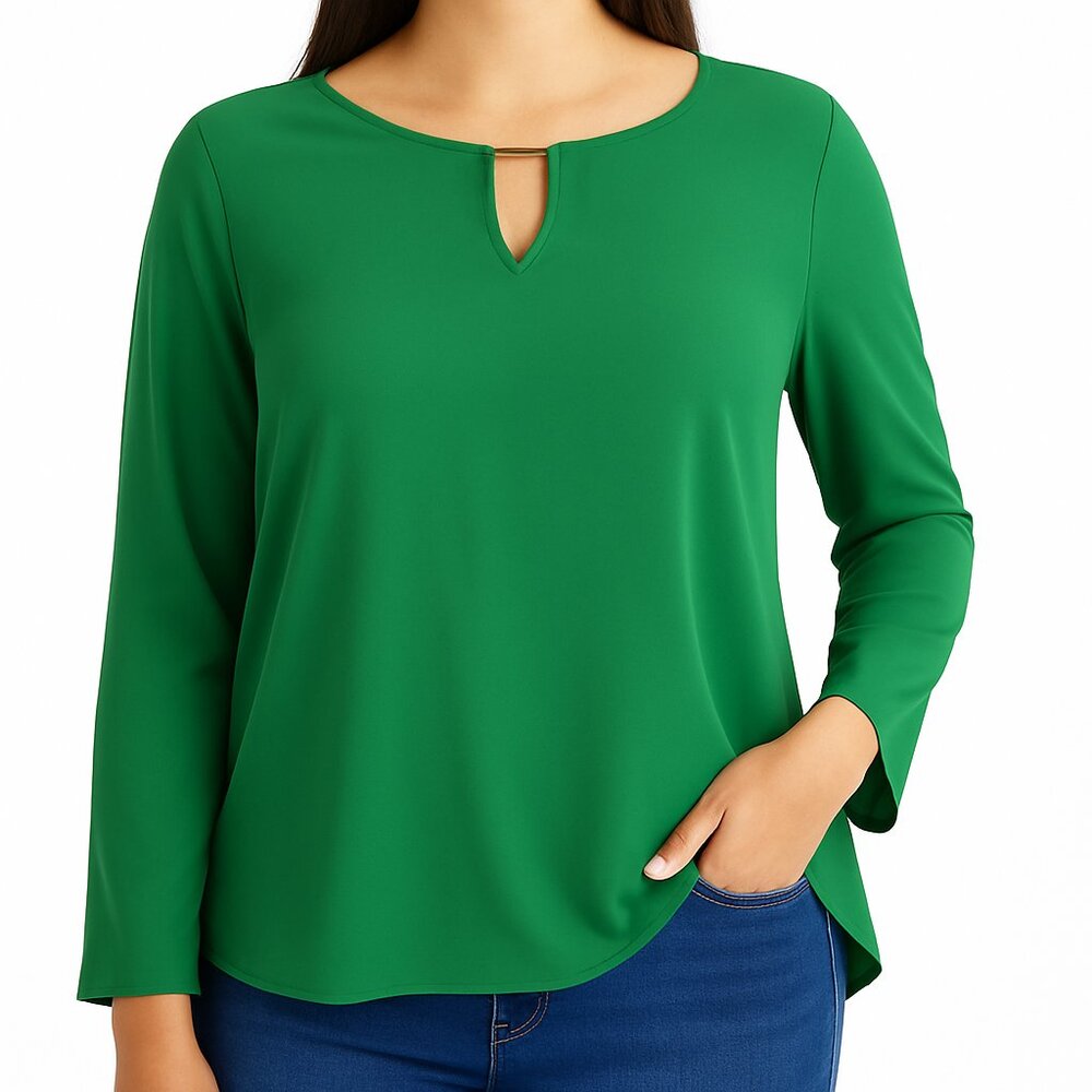 Banana Republic Factory Green Blouse L Gold Bar Neckline Long Sleeve